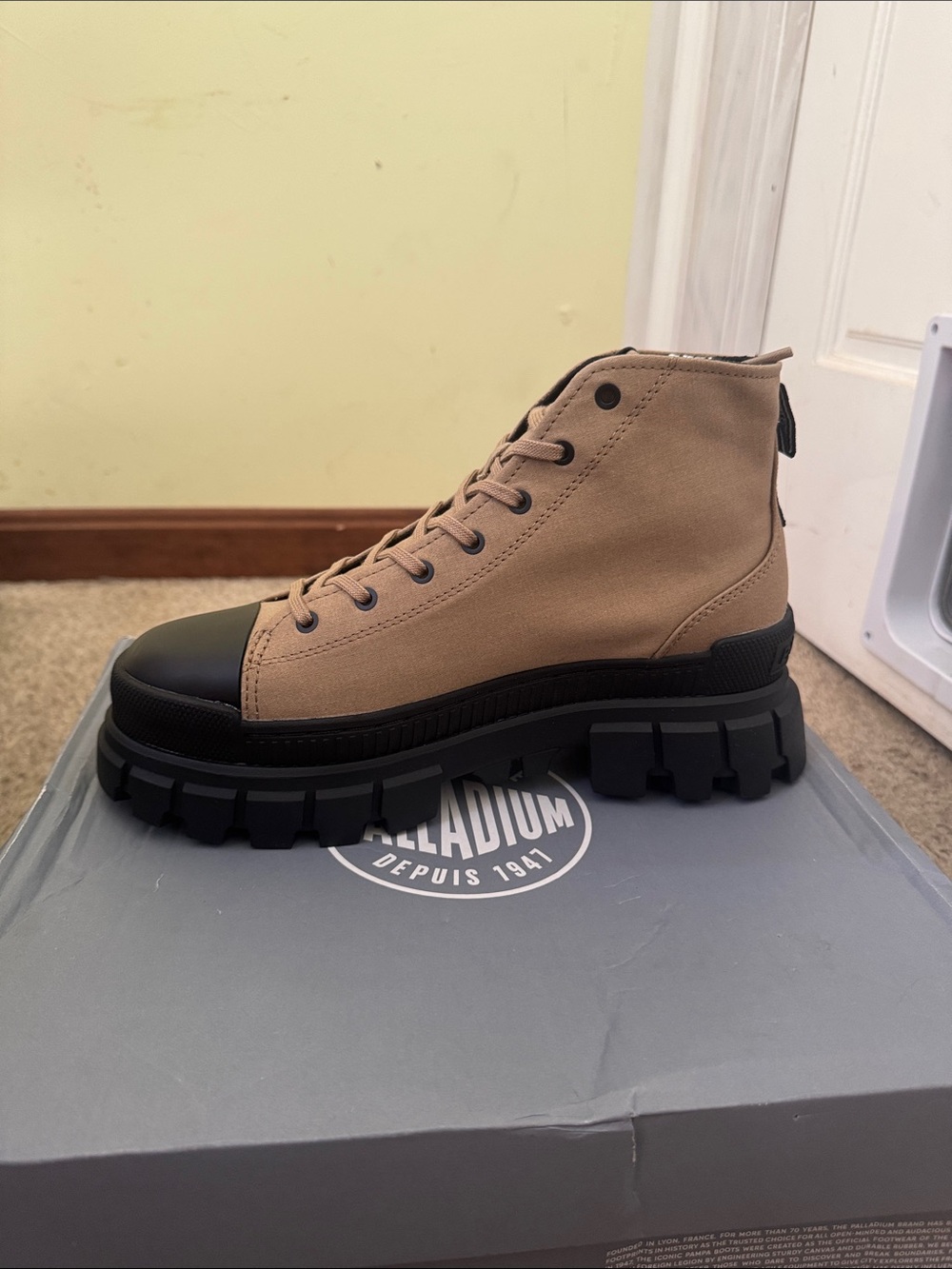 Palladium Tan Canvas High-Top Boot with Black Lug Sole